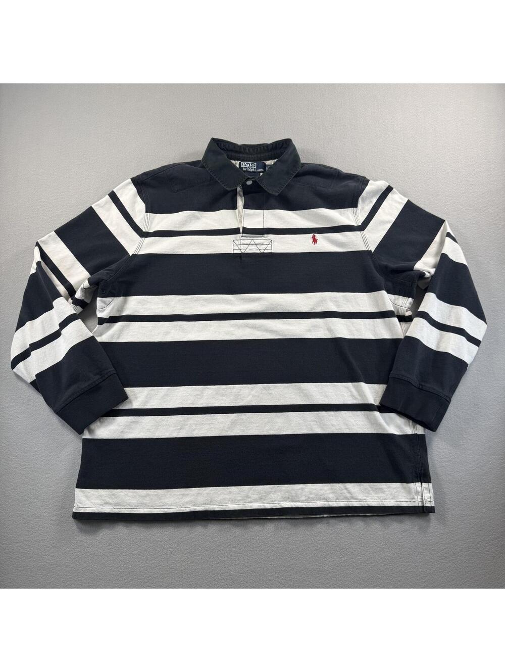 Y2K Polo Ralph Lauren Rugby Shirt XXL Black White Stripe Long Sleeve Custom Fit
